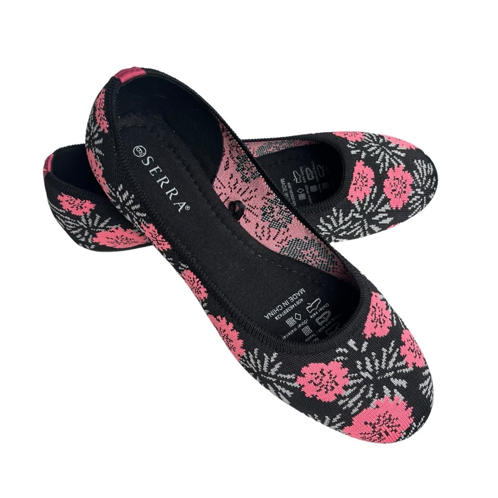 SERRA Women’s 9 Black Pink Floral, Recycled Material Textile, Ballet Flats Shoes
